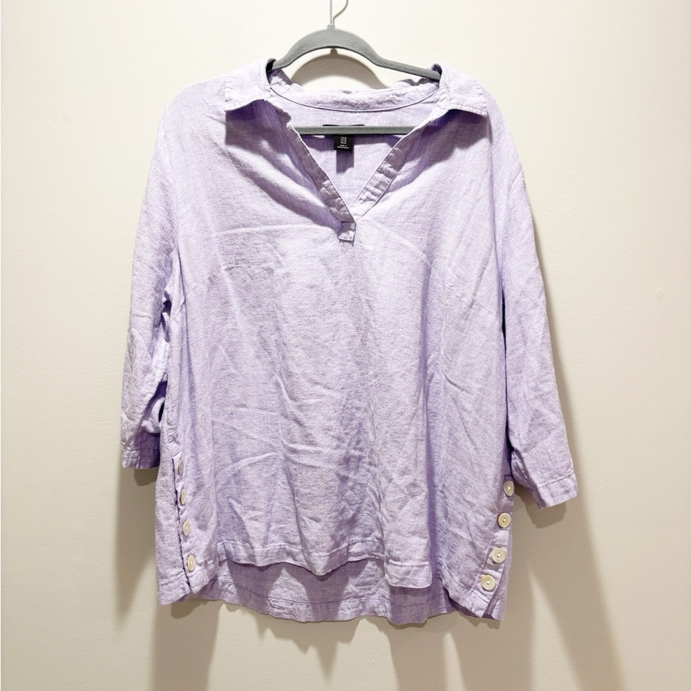 Tahari Lilac Purple Split Neck Lagenlook Linen Blend Relaxed Minimalist Top 1X